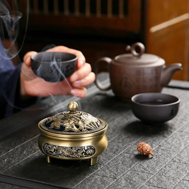 Vintage Brass Lotus Incense Burner, Buddhism Buddha Holder, Hollow Out Copper, Three Legged Sandalwood Censer, Home Decoration