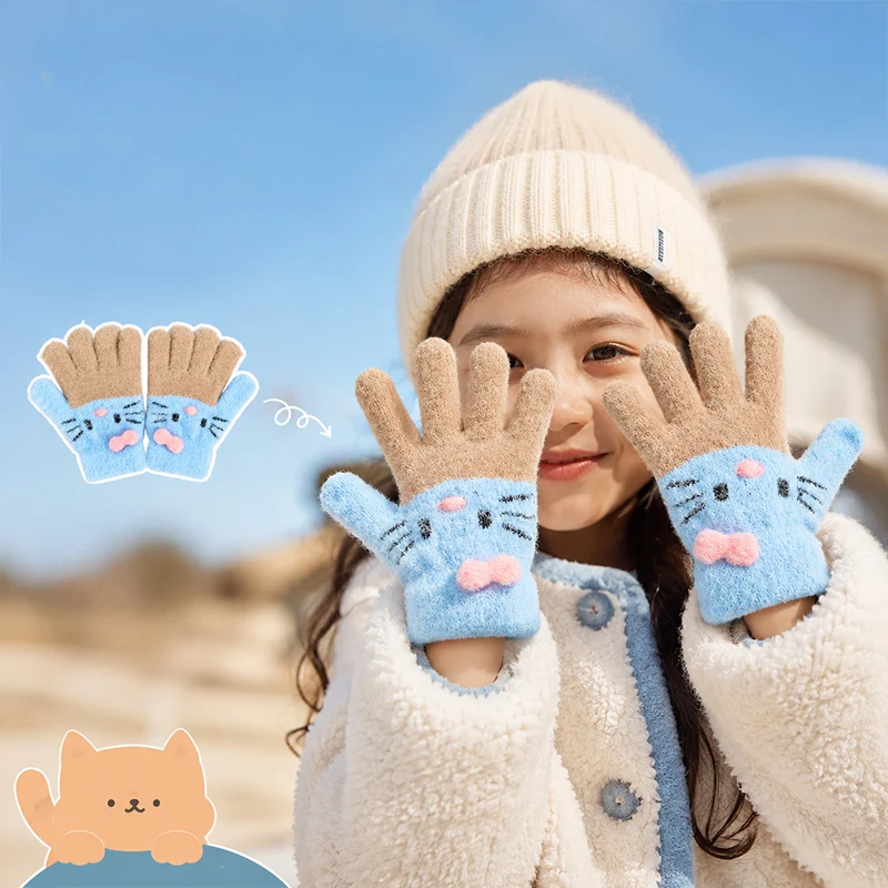 Cute Cartoon Cat Gloves for Girls Aged 6-12, Winter Fleece-Lined Warm Five-Finger Knitted Gloves for Children, Suitable for Playing in the Snow