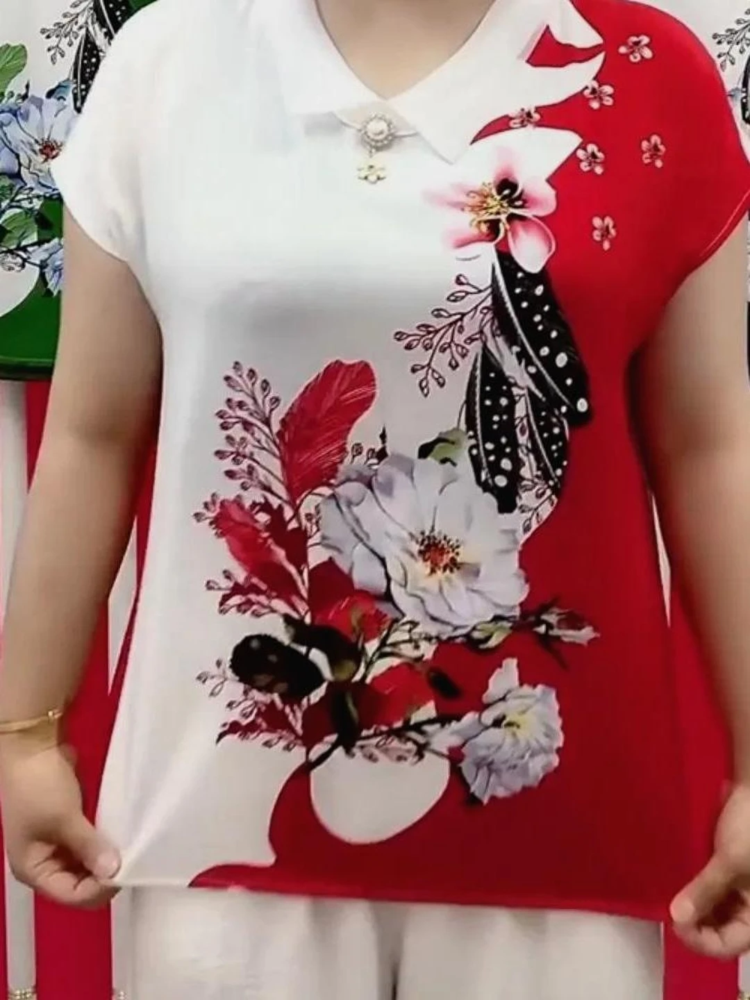 Summer Loose Silk Print ort Sve Lightweight Comfortable Small irt Water Ink Ice Silk Loose Fit Ladies Summer Top