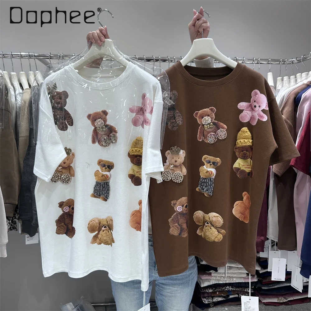 

European Goods Heavy Industry Bear Half-sleeved Top 2024 Winter Thickened Cotton Polished Loose Short-sleeved T-shirt Women