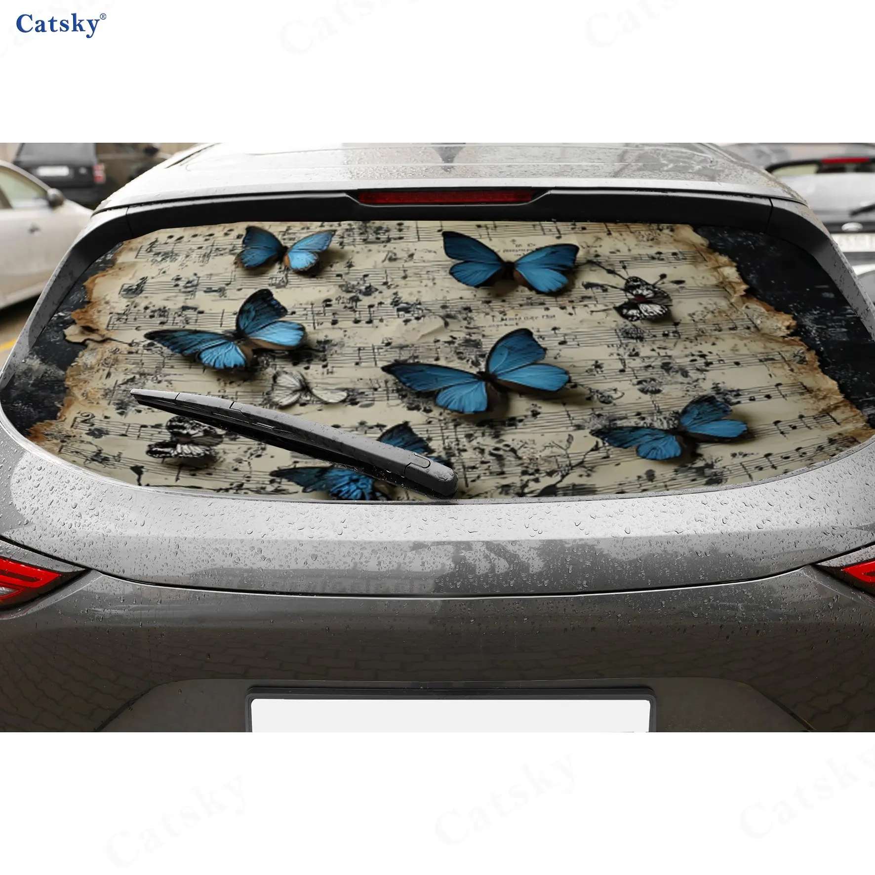 Sheet Music & Blue Butterfly PVC Perforated Car Vinyl Wraps, Durable Car Rear Windshield Sticker, Waterproof Car Window Decal
