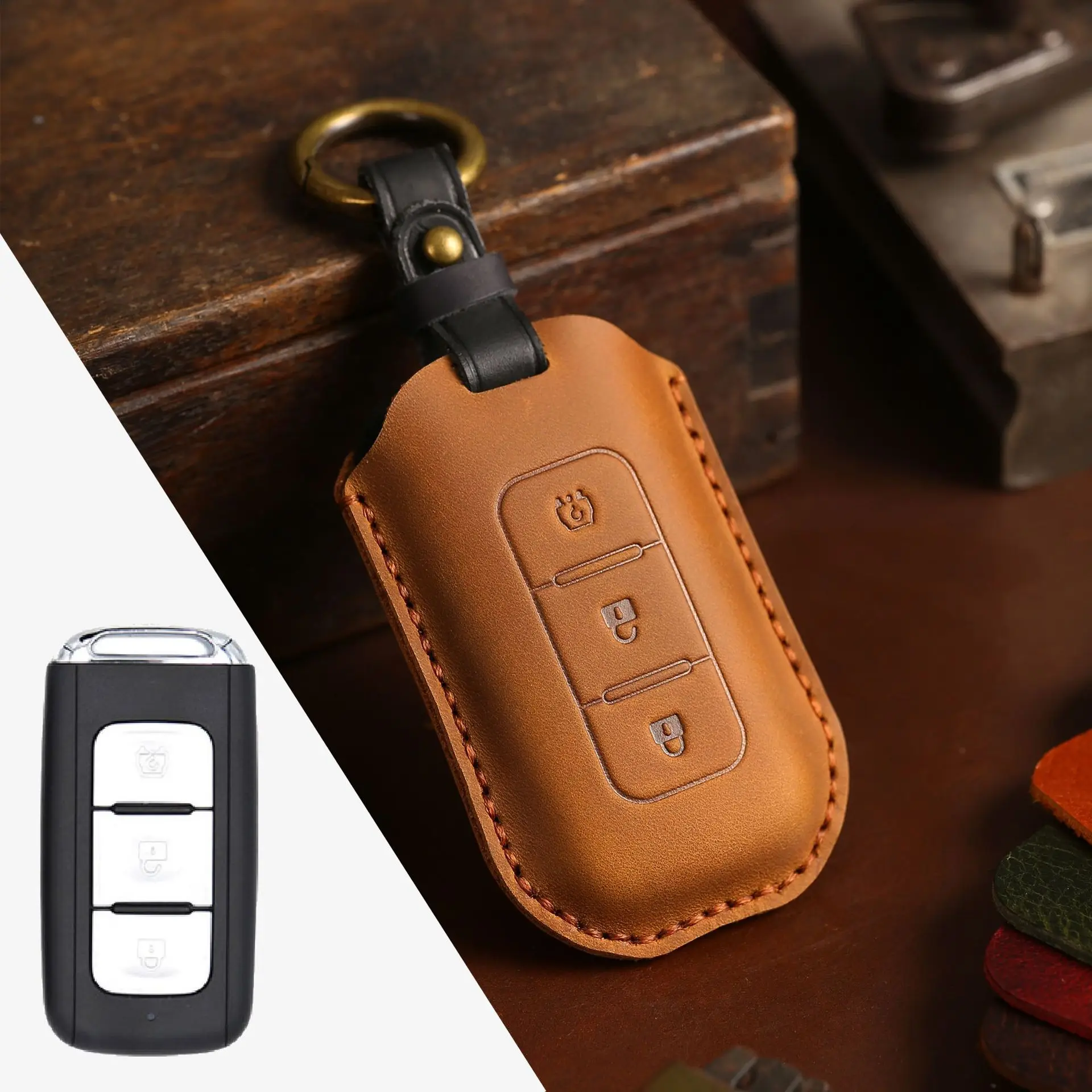 3 Bottons Leather Car Remote Control Key Case Cover Keychian for 2018 2019 2020 DFSK Glory 580 S560 500 CVT Accessories