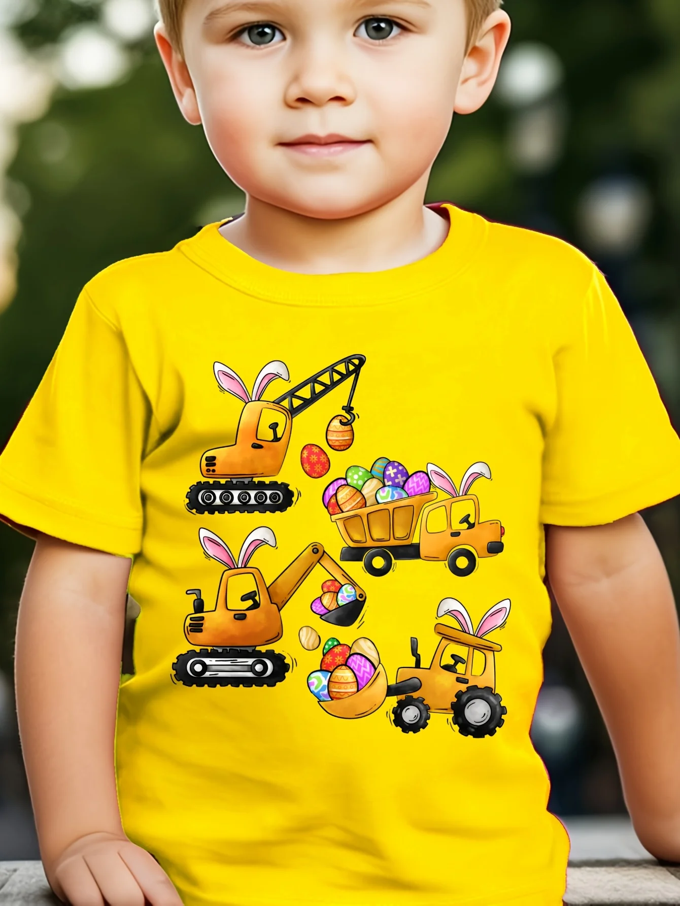 Boys and Girls Easter Cartoon Rabbit Ear Excavator Pattern Children's Short Sleeved Casual Creative Trend Parent-child T-shirt