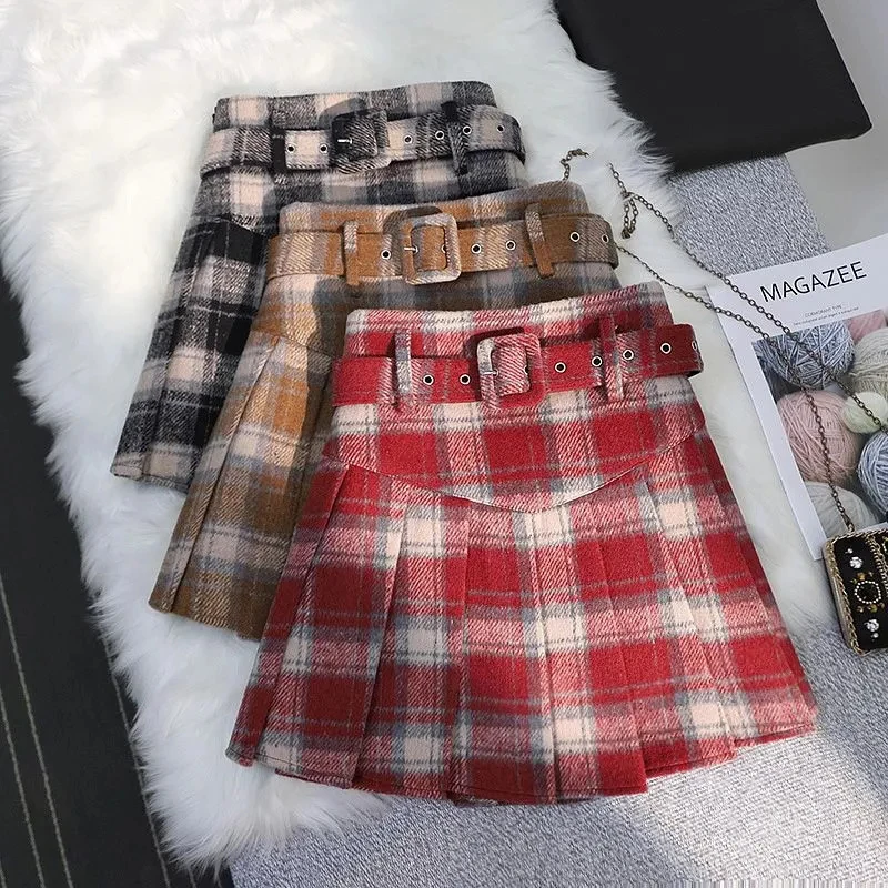 Vintage Plaid Mini Skirt Korean Preppy Pleated A Line Women Woolen Cloth Skirts Spring Fall Sweet Belt Student Casual Skirt New