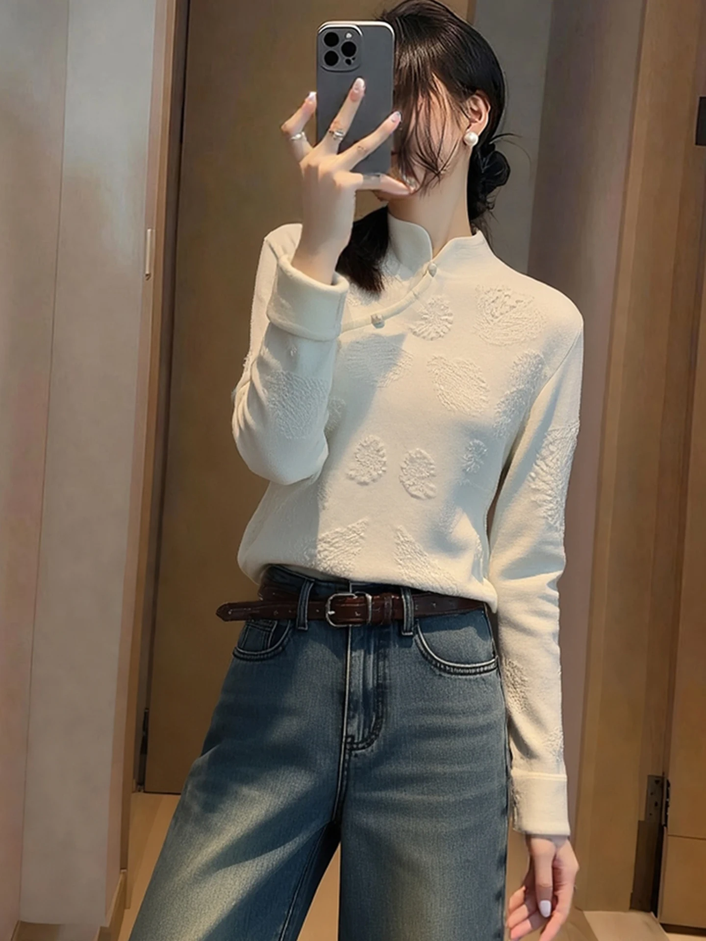 

Elegant Long Sleeve Knitwear Casual Stand Collar Women's Base Layer Top Winter Fashion Korean Style Standard Fit Floral Pattern