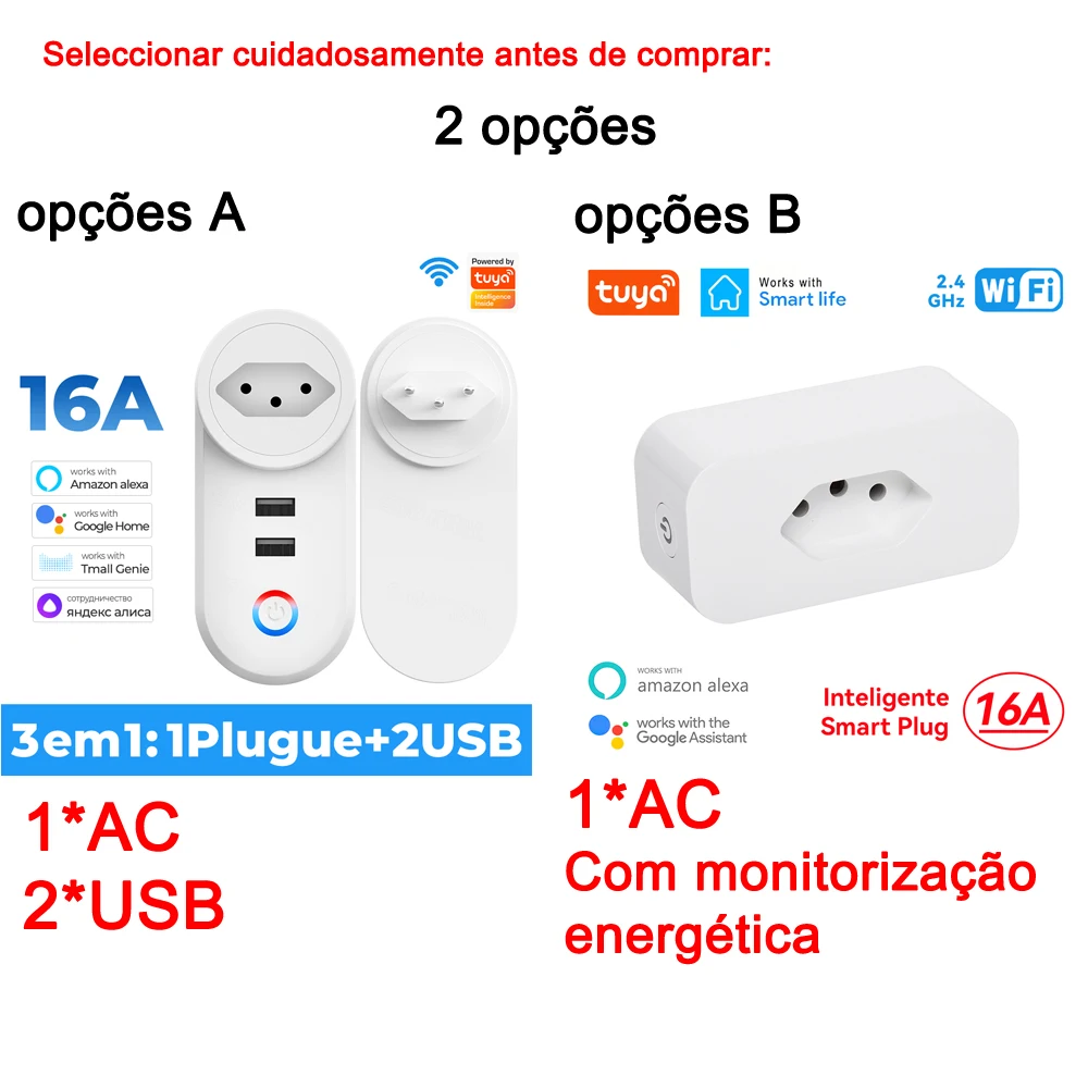 Tuya 16A Smart Plug Brazil Standard Wifi Smart Socket with 2 USB Ports Surge Protector Adapter Voice Work for Google Home Alexa