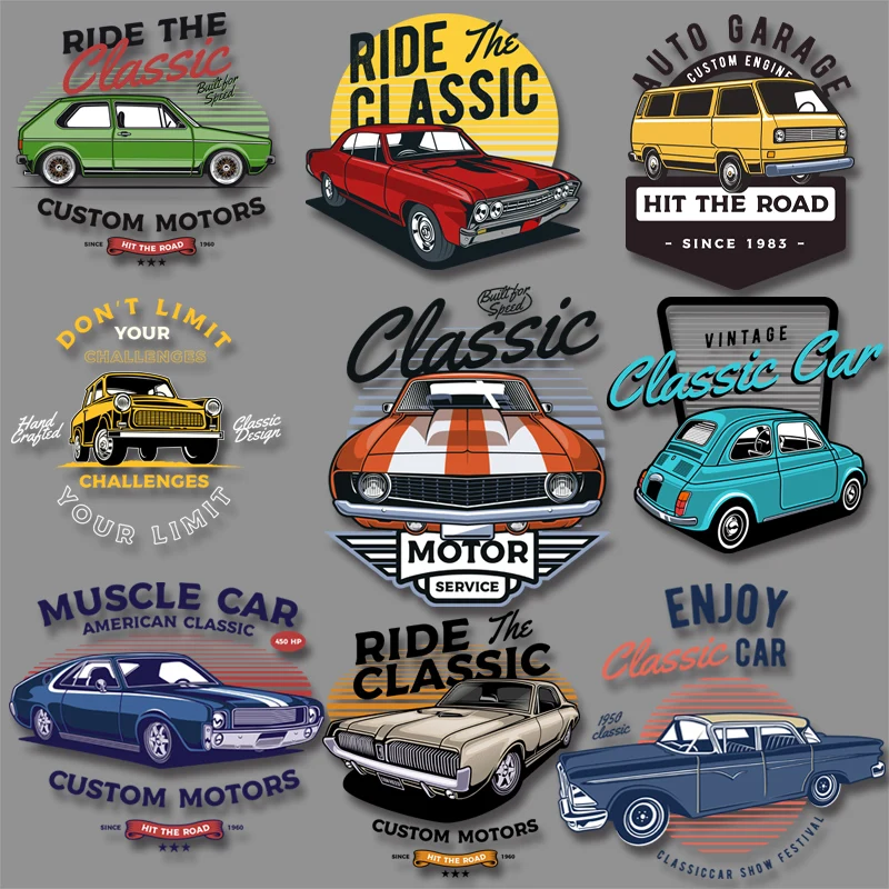 Classic Car Stickers on Clothes Patches for T-shirts Hoodies Iron on transfers Thermal transfer printings