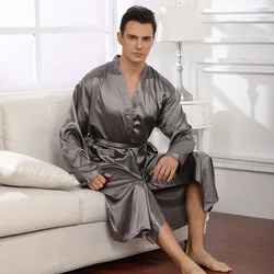 Spring Summer Silk Satin Sleepwear Robe with Pocket Belt Men Long Kimono Bathrobe Gown Loose Long Sleeve Home Wear Loungewear