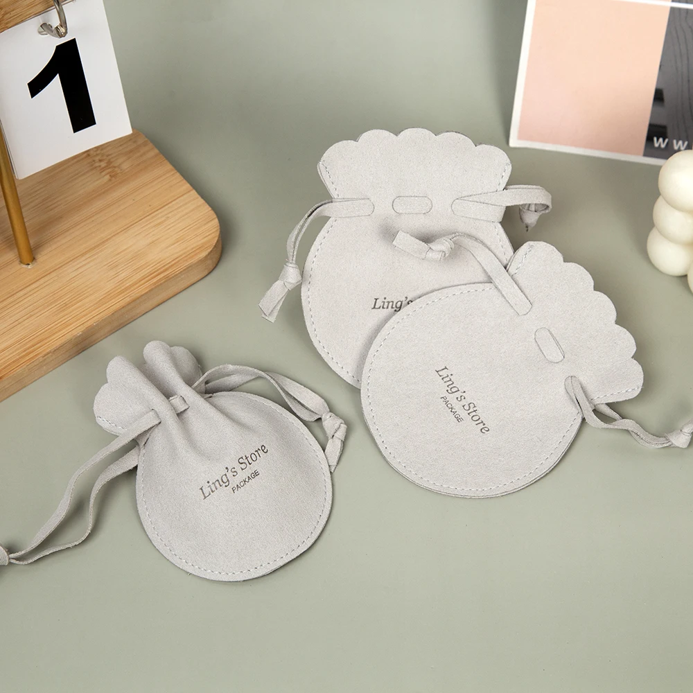 

50/100Pcs Gray Custom Logo Luxury Microfiber Jewelry Pouch for Rings Necklace Earrings Studs Brooch Watch Pendant Drawstring Bag