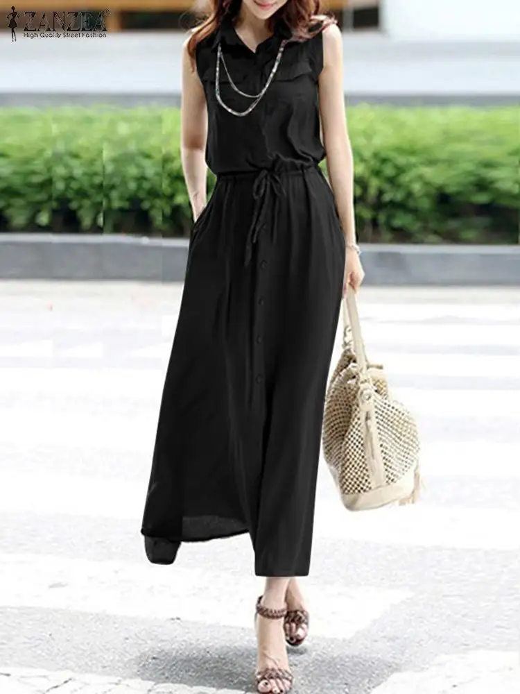 ZANZEA Elegant Party Long Dress Summer Lapel Sleeveless Shirtdress Women Solid OL Work Sundress Fashion Drawstring Waist Vestido