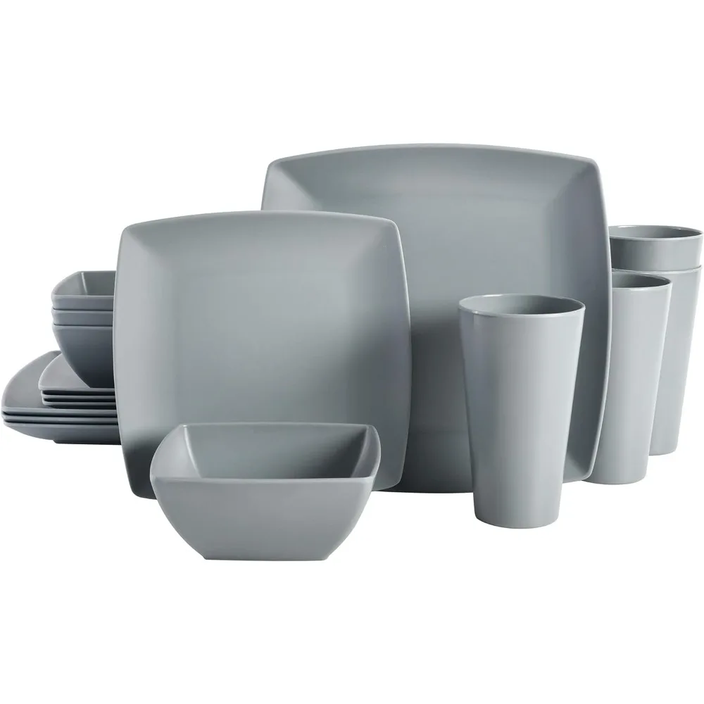 

Gibson Home Soho Grayson Square Melamine Plastic Dinnerware Set, Service for Four (16pcs), Grey