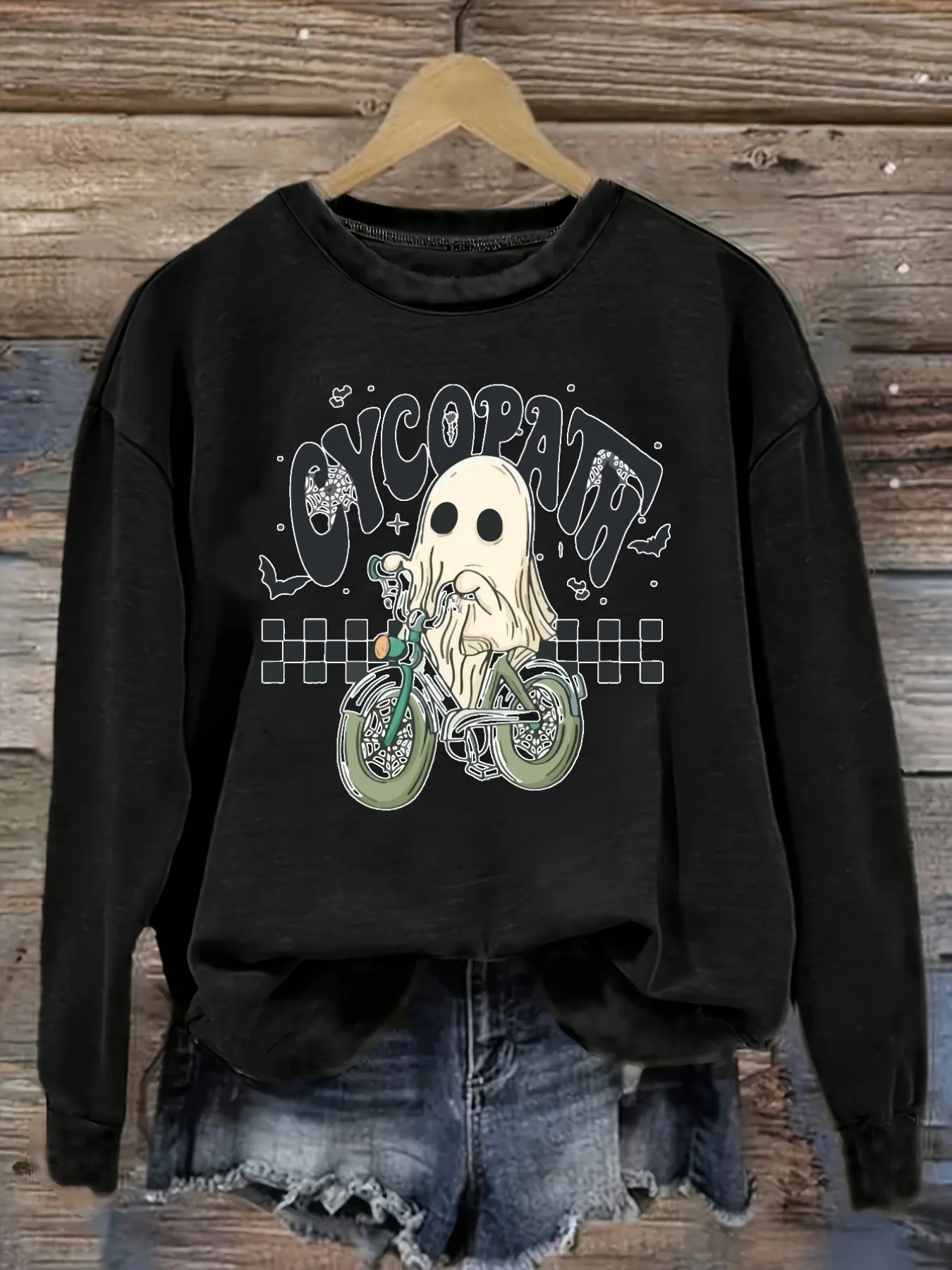 Women's Casual Long Sleeve Crew Neck T-Shirt Ghost Riding Motorcycle Graphic Print Design, Round Neck Women's Clothing, Machine Washable, Slightly Elastic, Loose Fit, Spring Autumn Winter Women's T-Shirt, Halloween Costume Outfit