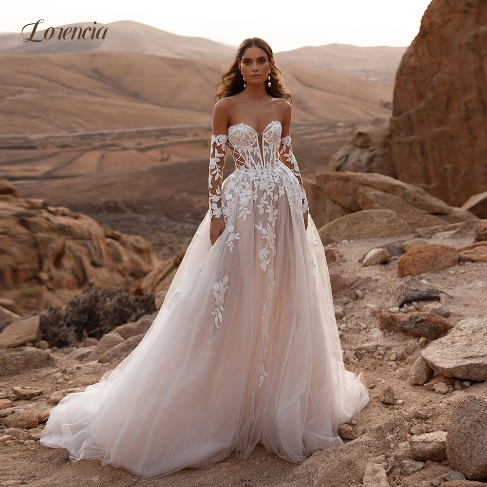 Lorencia Glitzer-Tüll-Strandhochzeitskleider, schulterfrei, lange Ärmel, Spitzenapplikationen, A-Linie, Boho-Brautkleider, individuell gestaltet