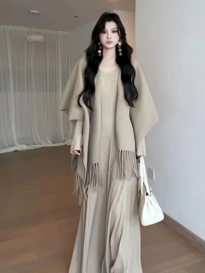 

plus Size Knitted Long Sve V-Ne Dr with awl Waist-Cinching Luxury Sle Women's Faion Set Casual Spring Wear