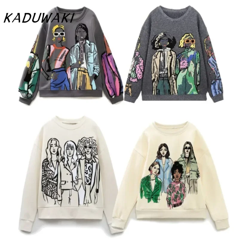 KADUWAKI Autumn/Winter New Product Women's Fashion Casual Loose Versatile Round Neck Long Sleeve Printed Sweater K Pop Clothes