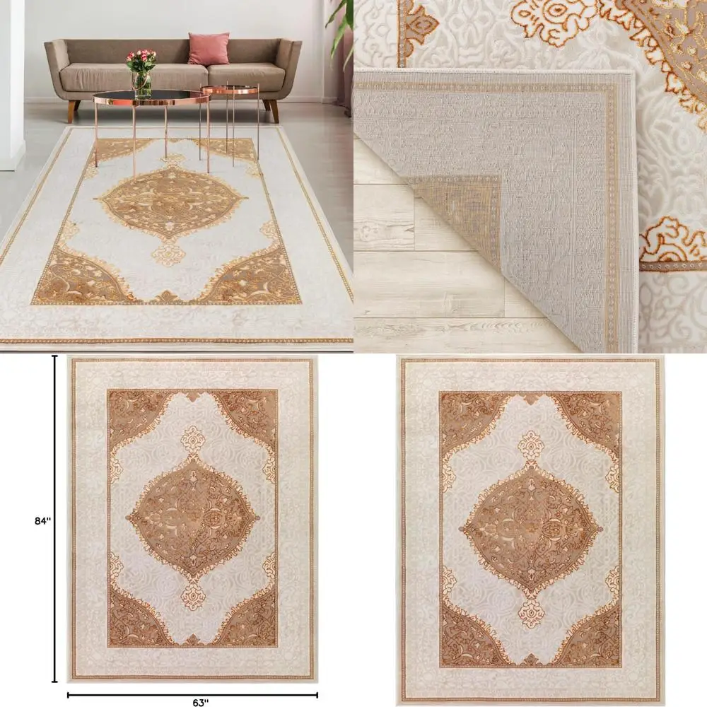 

Traditional High-Low Textured Oriental Area Rug with Beige and Gold Border, 5x7 Feet