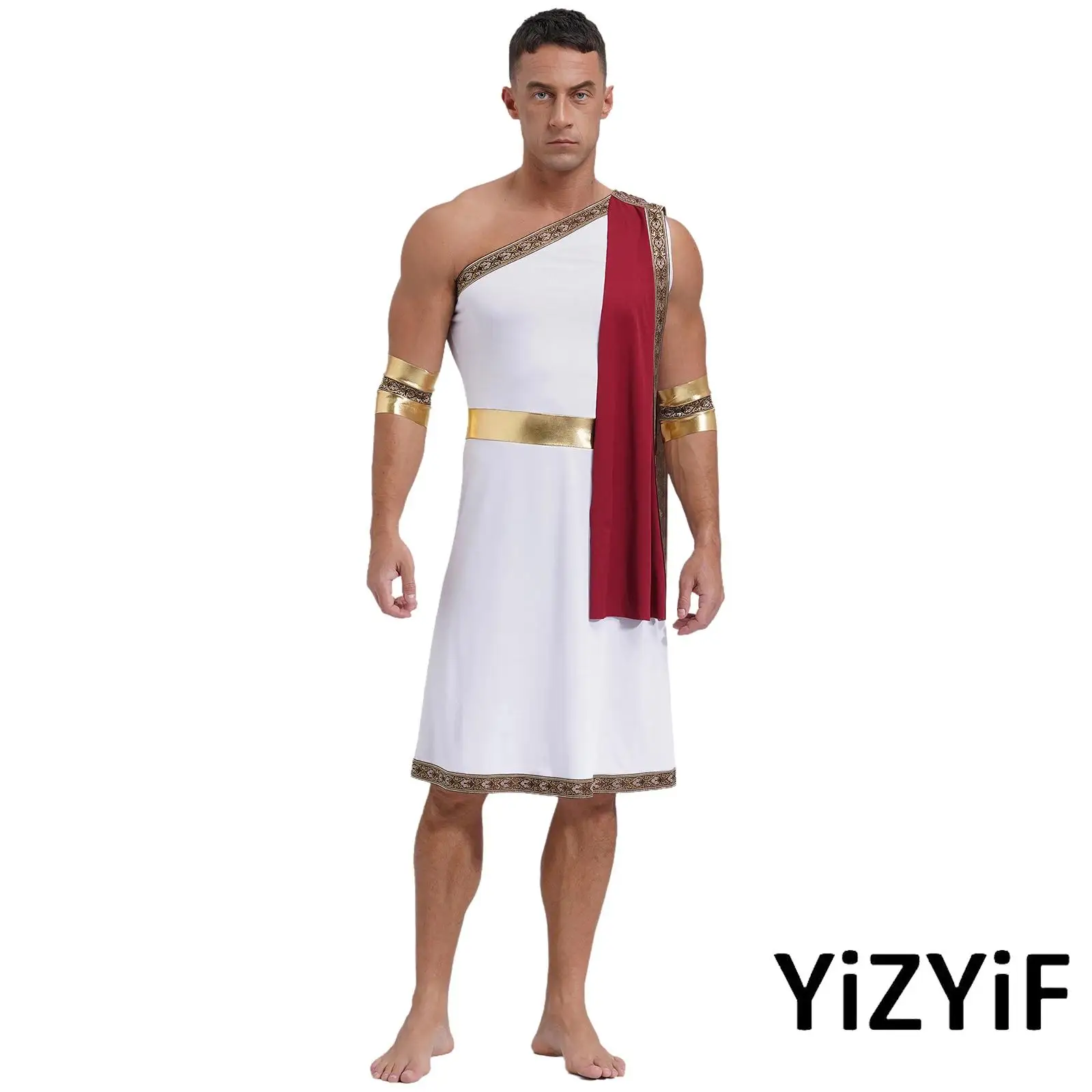 

Mens Ancient Greek Toga Costume One Shoulder Embroidered Robe with Detachable Cuffs for Halloween Royal Prince Cosplay Party