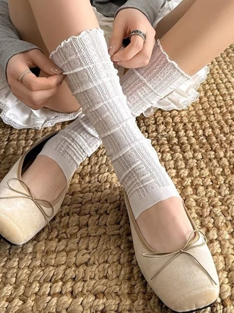 White Leg Warmers Women Summer Thin Sweet Ballet Style JK Lolita Twist Pattern Long Socks Minimalist Jacquard Stacked Leg Covers image 3