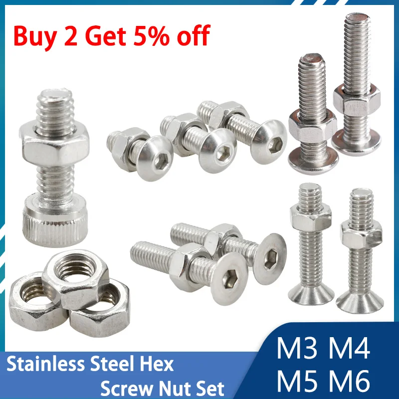 M3 M4 M5 M6 Screw and Nut Set Hex Hexagonal Allen Bolt Metric Threaded 304 Stainless Steel Machine Screws Fairing Bolts Nuts Kit