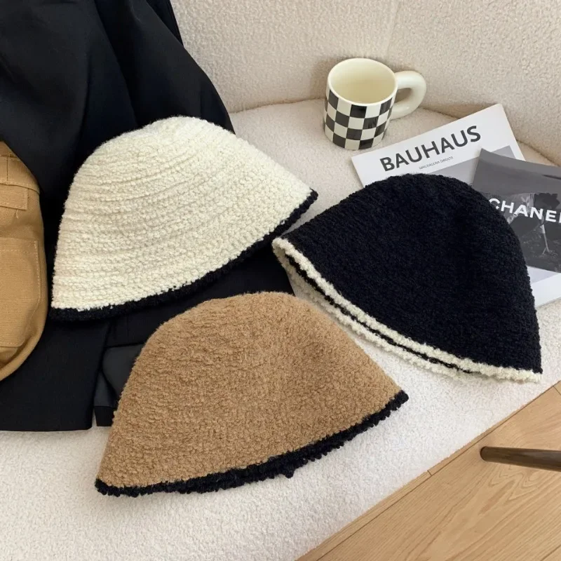 

Knitting Bucket Hat Women Winter Lamb Wool Fleece Cap Corduroy Fisherman Hats Korean Version Sun Shading Versatile Sunscreen Cap