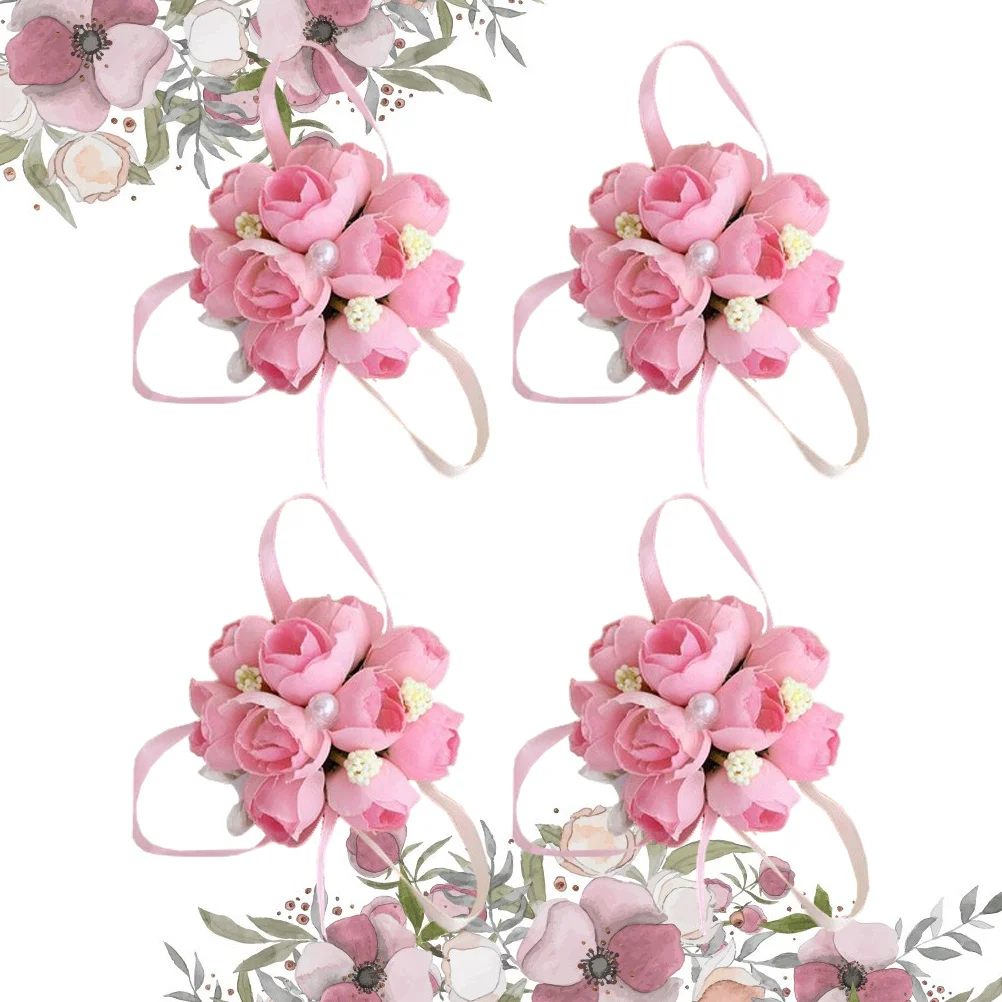 

4pcs Wedding Bridal Wrist Flowers Brooch Artificial Flower Bracelet Party Dance Outdoor Decor Red Elegant Lifetime Keepsake