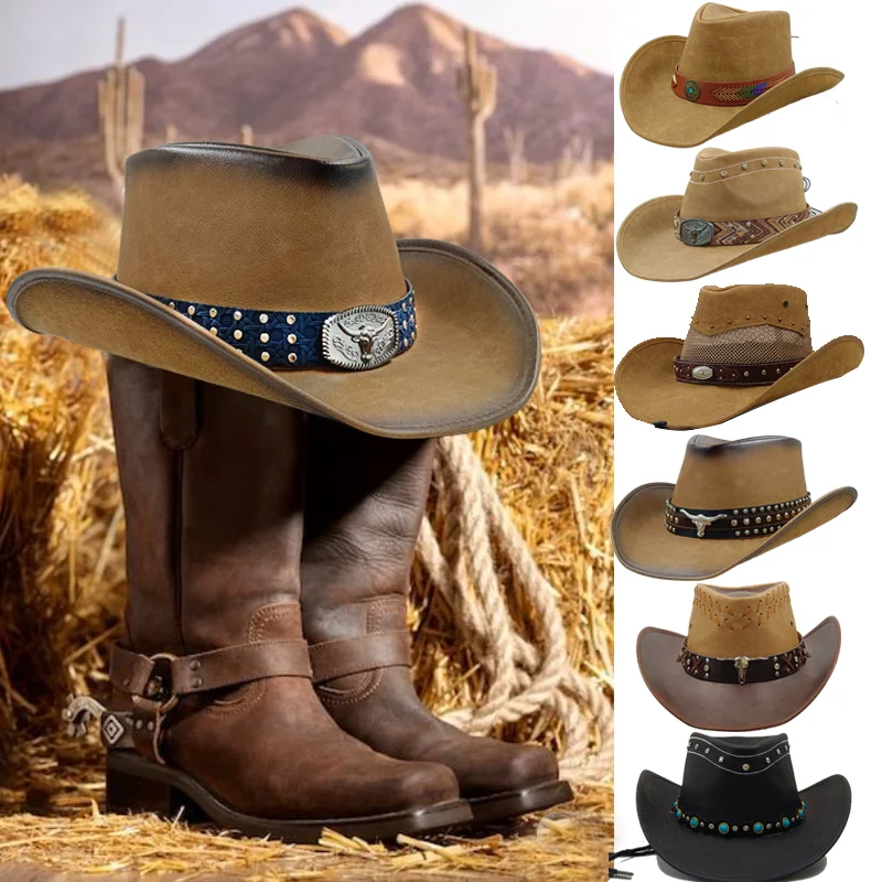

36 Stlye 100% Leather Men Western Cowboy Hat For Gentleman Dad Cowgirl Sombrero Hombre Caps Big Size XXL large head