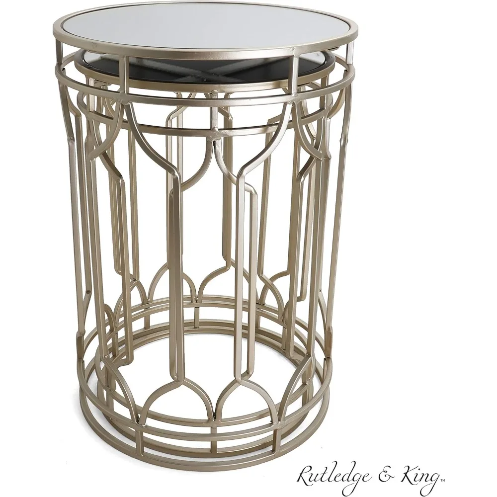 طقم طاولة مستديرة معدنية ذهبية مع قطع علوية مرآة - طاولات متداخلة باللون الذهبي ولمسة نهائية مرآة #2