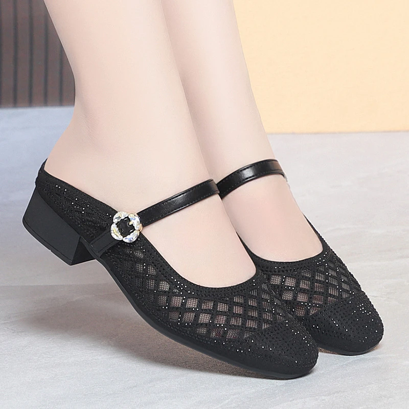 

Mesh Rhinestone Mary Jane Mules Square Toe With Crystal Buckle Strap Slip On Low Block Heel Casual Shoes For Summer And Daily