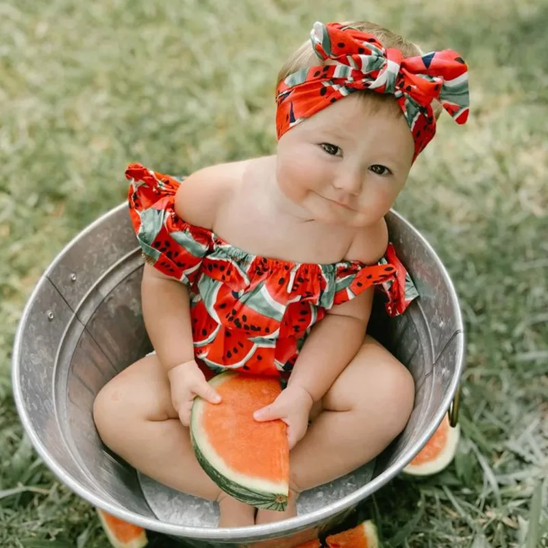 Baby Mädchen Rosa Wassermelonen-Print Strampler Säugling Rüschen-Body mit Stirnband Neugeborenen Rotes Wassermelonen-Karnevalskostüm – Detail 15