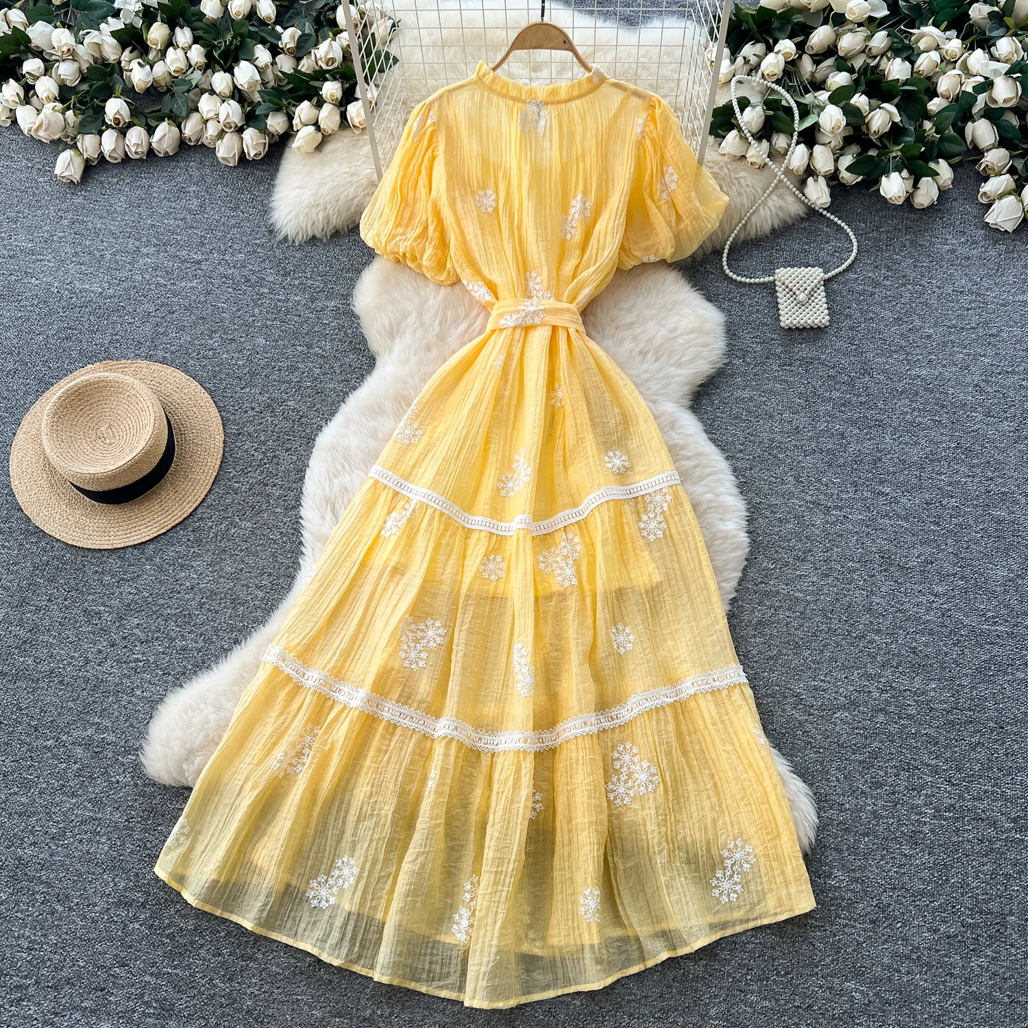 Chic vintage scollo a V maglia ricamata sottile elegante fata moda coreana Boho vestito estivo abbigliamento donna Abito lungo