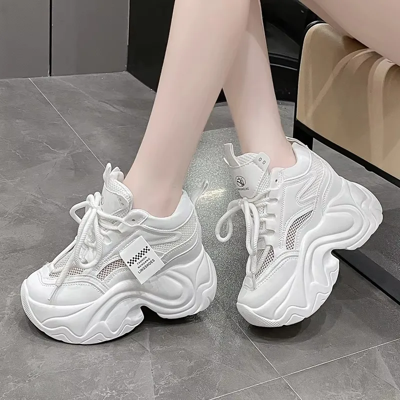 Vrouwen Hoge Platform Sneakers Nieuwe Zomer 9.5 Cm Sleehak Dikke Zool Lederen Schoenen Herfst Ademend Mesh Chunky Sneakers Vrouw