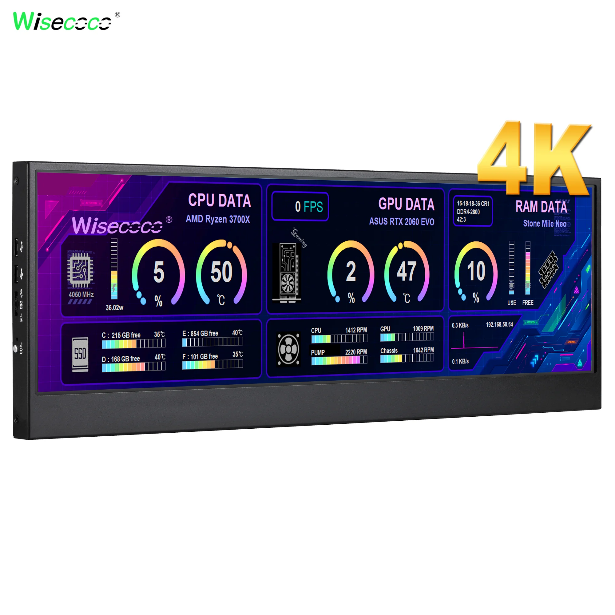 Wisecoco 14 Inch Widescreen Stretched Bar Monitor 3840x1100 4K IPS