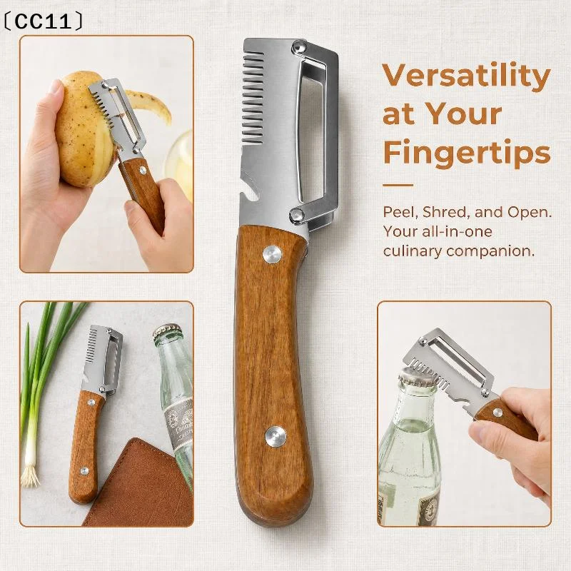 Multi-Functional 3-in-1 Stainless Steel Serrated Vegetable Peeler With Wooden Handle Slicer Bottle Opener Kitchen Tool〔CC11〕