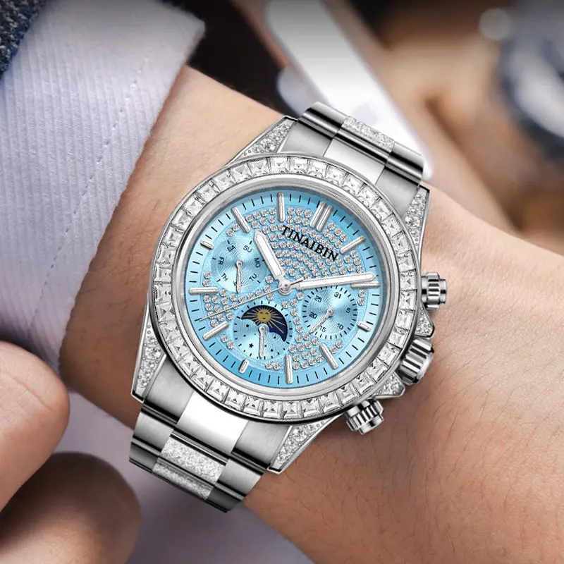 2025 جديد TINAIBIN الماس الجليد الأزرق جودة عالية رجل الساعات التلقائية الميكانيكية القمر توربيون ساعات المعصم #2