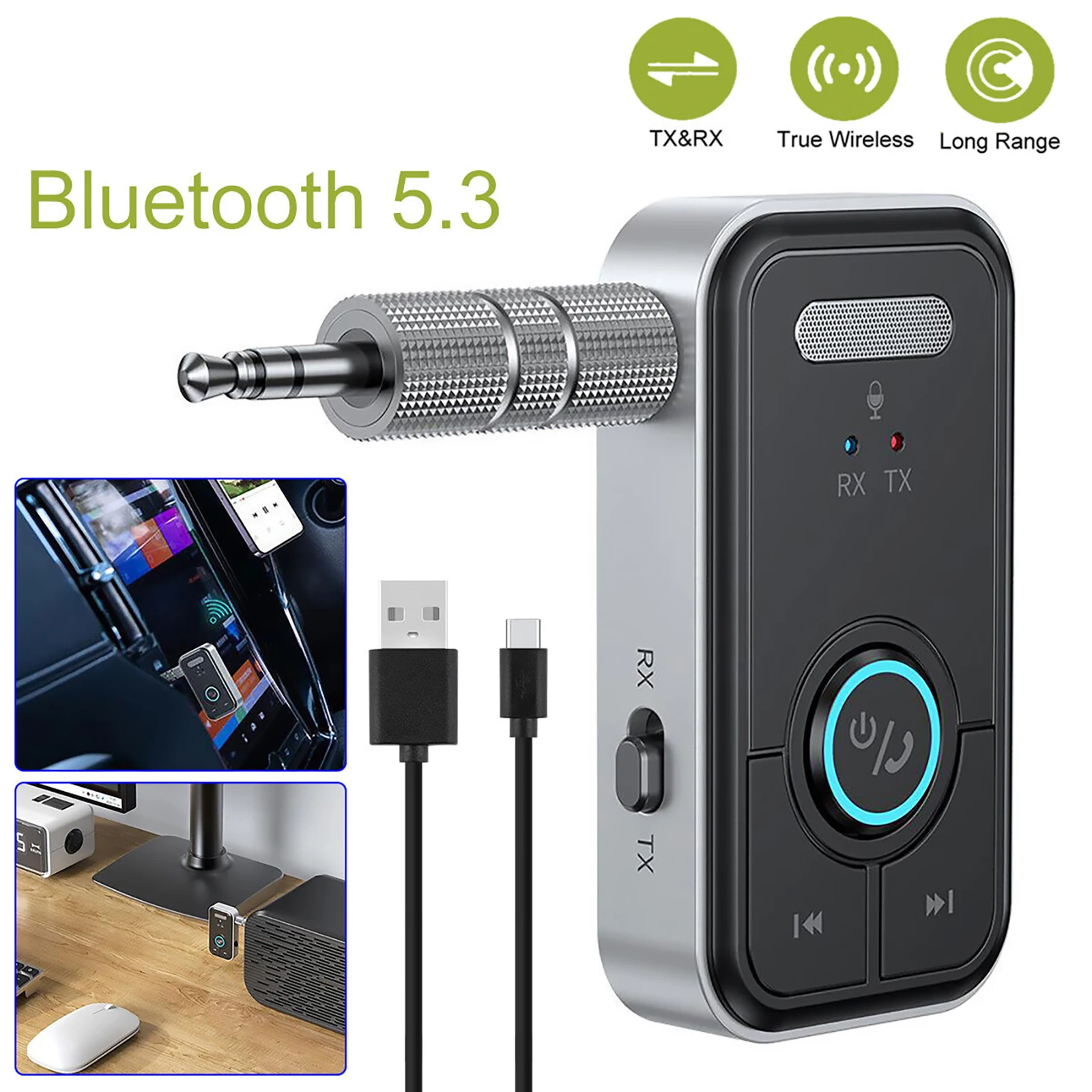 Bluetooth 5.3 Car AUX Audio Adapter Receiver Transmitter AUX Wireless Audio Adapter 3.5mm Jack For Car Earphones TV Speakers