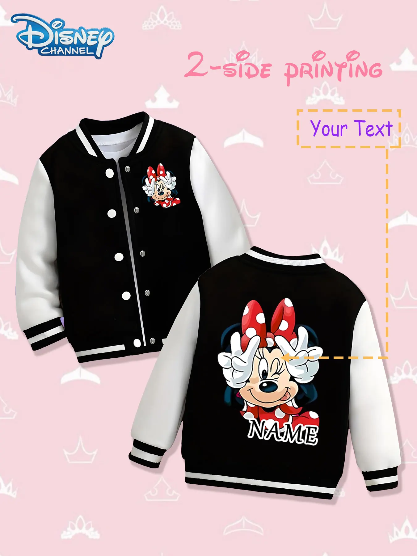 

MINISO Disney Minnie Cute Gesture Children's Baseball Jacket - Double-sided display of Minnie's playful gesture shape, lively an