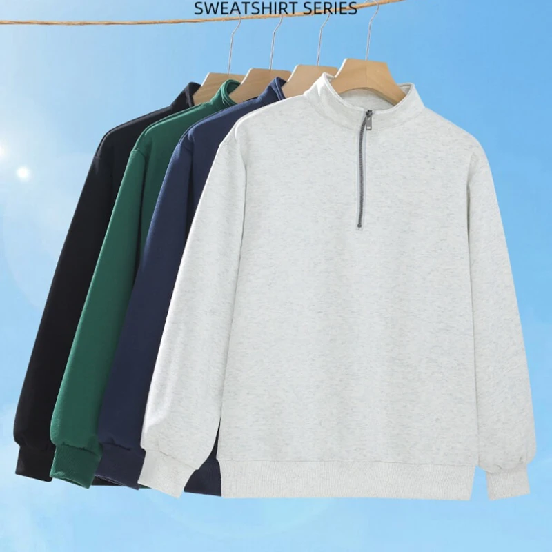 بلوفر بغطاء للرأس بنصف سحاب بلون سادة 72% قطن، مسامي وممتص للعرق، ملابس غير رسمية يومية سميكة للرياضة والدفء