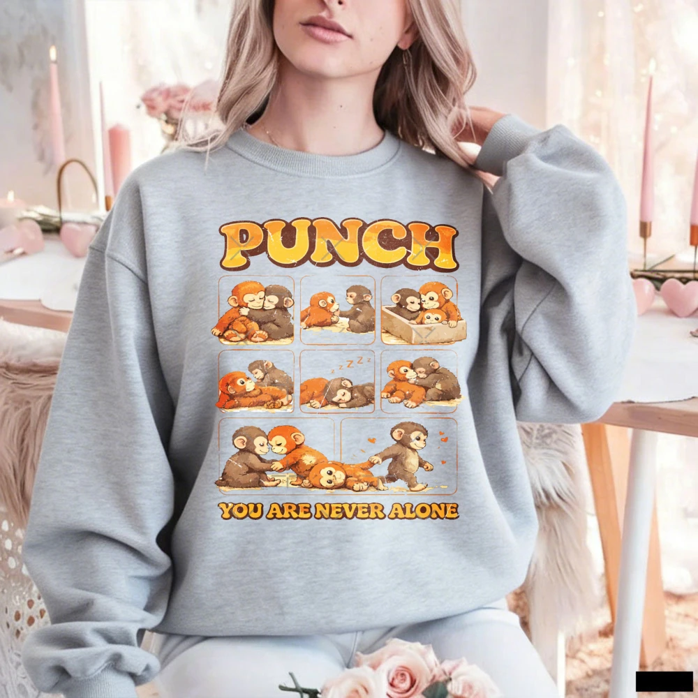 

Винтажный свитшот с коллажем мультяшных обезьян и цитатой PUNCH YOU ARE NEVER ALONE, модный повседневный свитшот в ностальгическом стиле