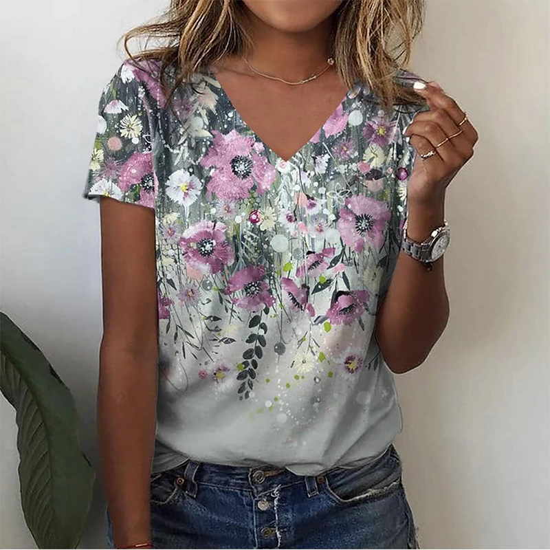 

Flower Floral 3D Print T-Shirts Women Fashion Streetwear Girl V-Neck Short Sleeve T Shirt Y2k Tops Tees Oversized Woman Clothing