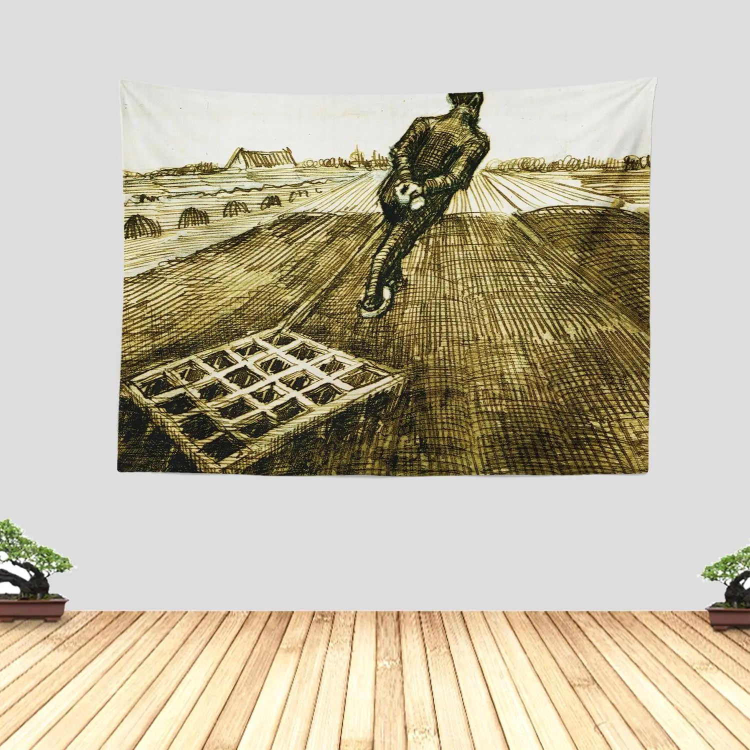 Rustic Vintage Farm Life Tapestry Wall Decor Polyester Print Abstract Man Farming Scene Black White Sketch Style Home Accent Art