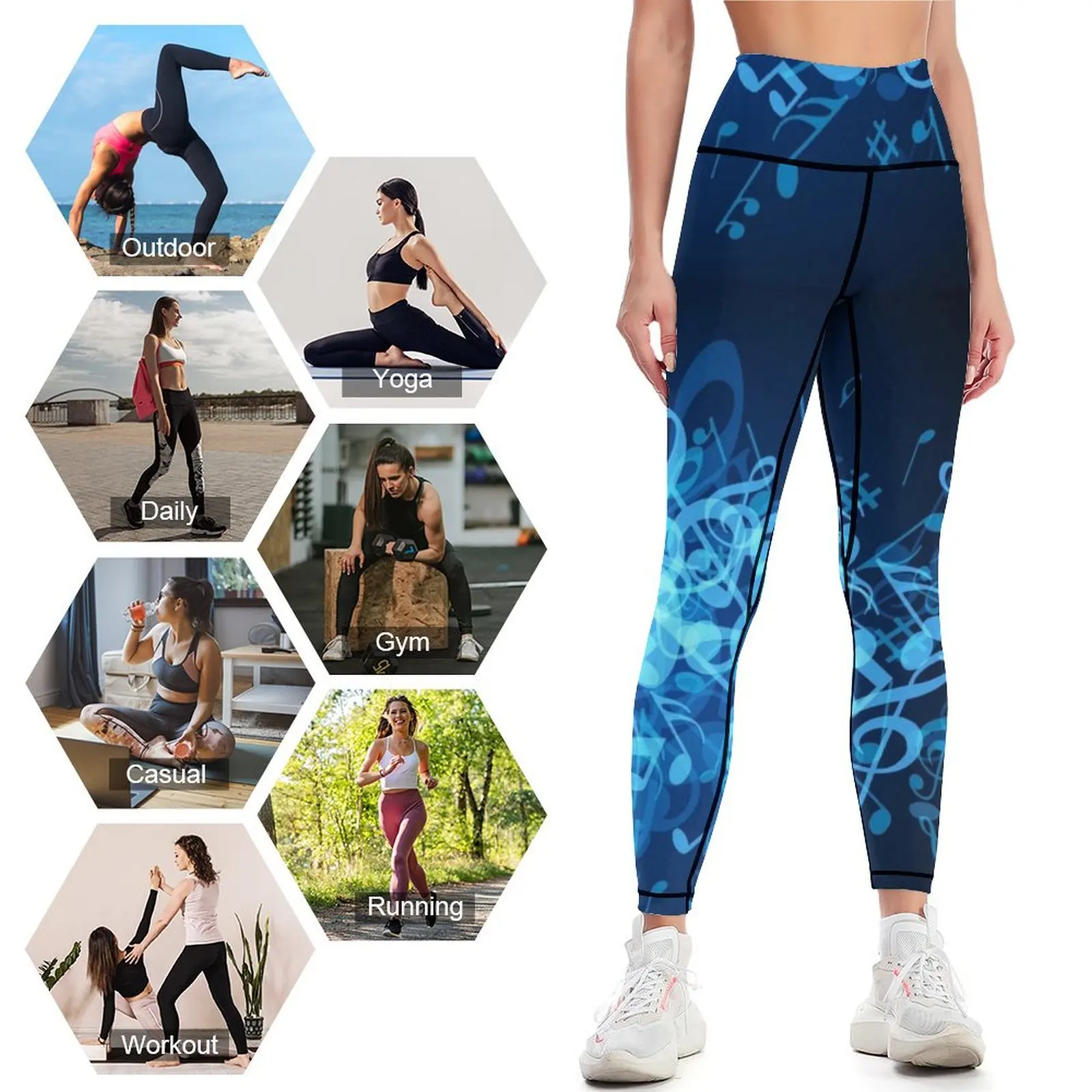 Blue Glow legging olahraga wanita, Legging fitness gym catatan musik, CELANA Jogger untuk perempuan