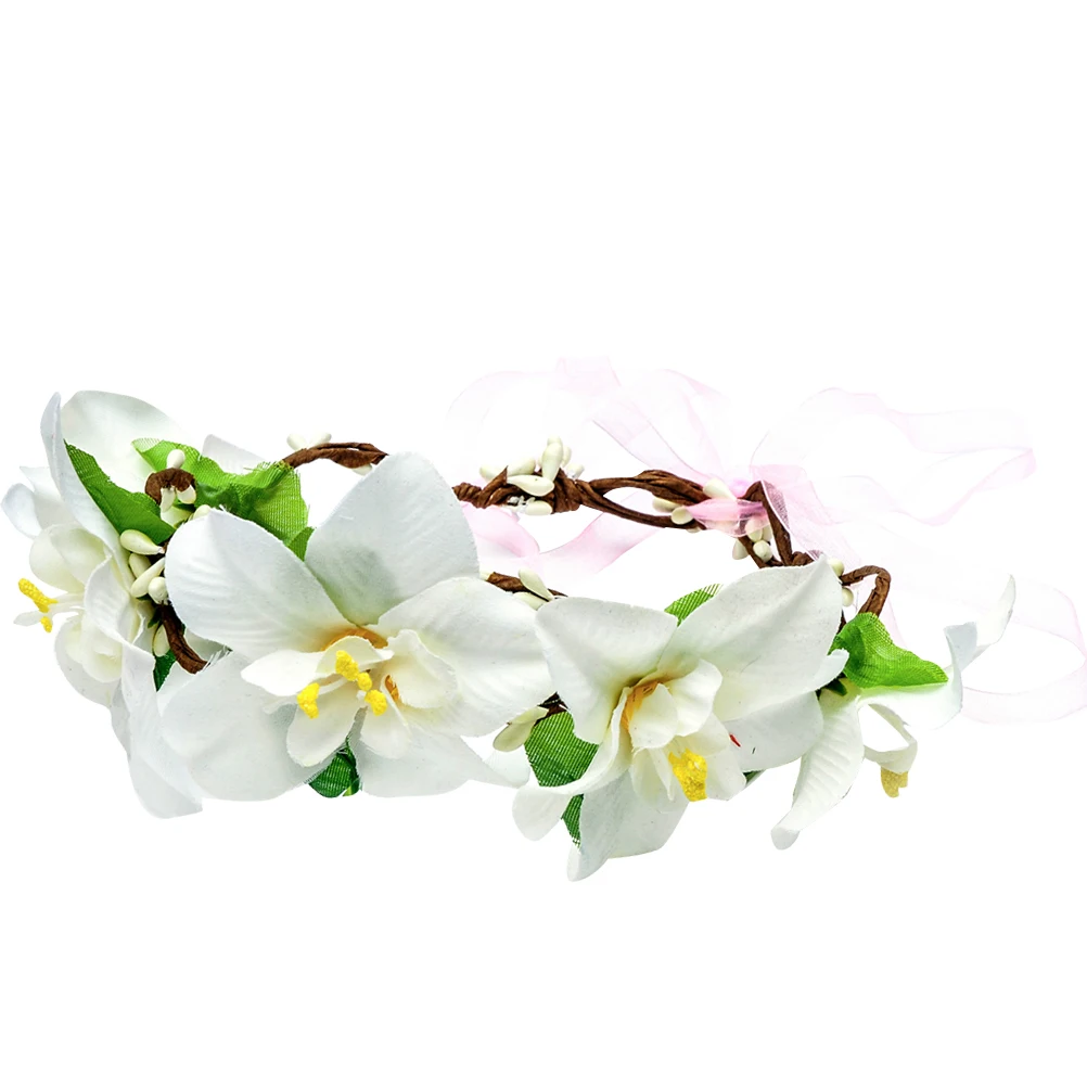 

Lily Flower Headband Floral Crowns Hair Wreath Women Girls Adjustable Ribbon Realistic Handmade Bridal Bridesmaids Garland Beach