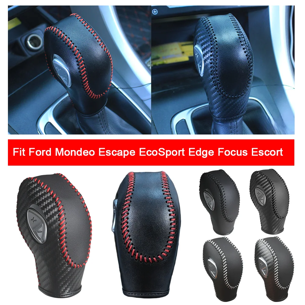 

Car Gear Shift Knob Cover Cowhide Leather Gear Lever Cover Luxury Carbon Fiber Texture Gearshift Collars for Ford Ecosport Focus