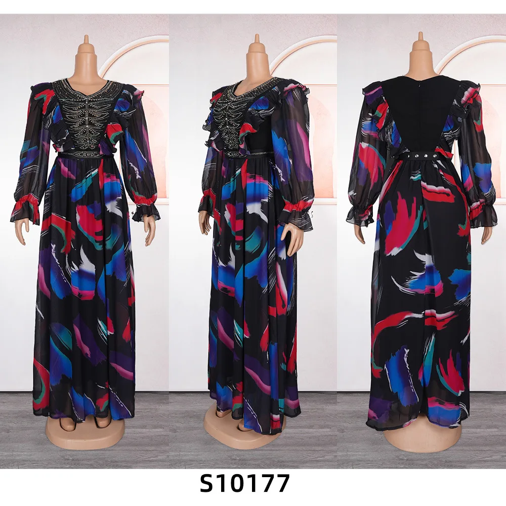 Sequins Chiffon Maxi Dress African Dresses For Women Elegant V Neck Long Sleeve Dress and Belt Africa Clothing Robe Partyclub