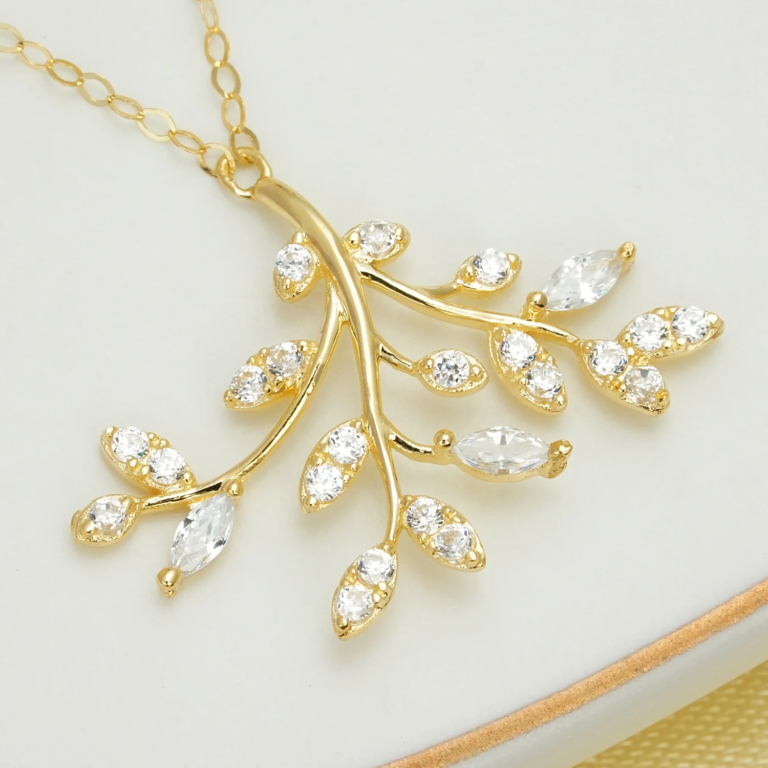 tree necklace leaf long vintage simple jewelry 18k pure gold zircon diamond custom collarbone chain necklace