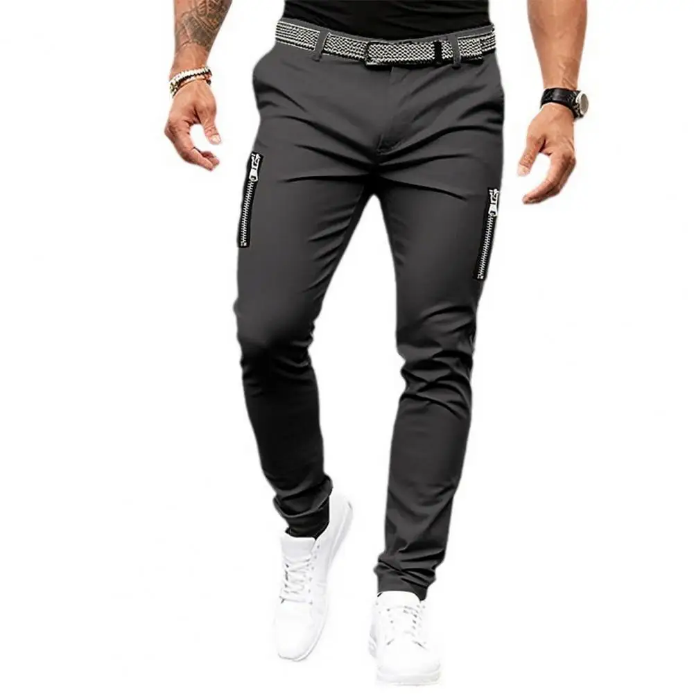 

Men Pants Zipper Decor Mid Waist Zip Up Button Closure Pockets Slim Fit Casual Four Seasons Streetwear Jogger Pencil Pants