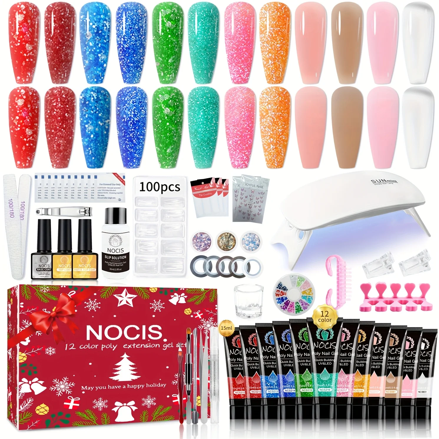 

DOULINGDAI Poly Nail Extension Gel Kit -Christmas 12 Colors Poly Nail Gel White Green Red Glitter Golden Classic Colors Christmas Builder Nail Gel Manicure Gift with Slip Solution and Mini Lamp Nail Art Design Beginne