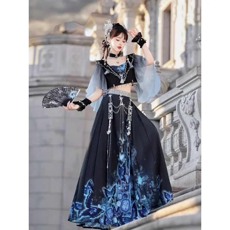 Hanfu Women's Spring and Summer Ethnic Western Regions Style New Chinese Style Improved Han Element Skirt Set
