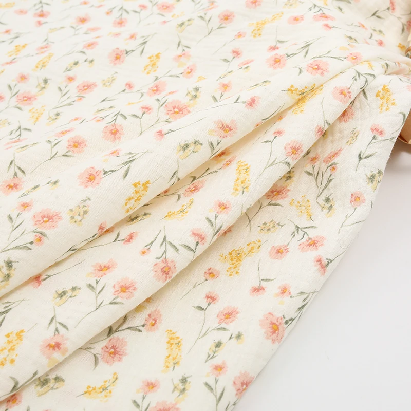 100x135cm Soft Cotton Gauze Mini Orange Floral Swaddle Fabric Muslin Material Children Pants Pajamas DIY Handmade By The Meters