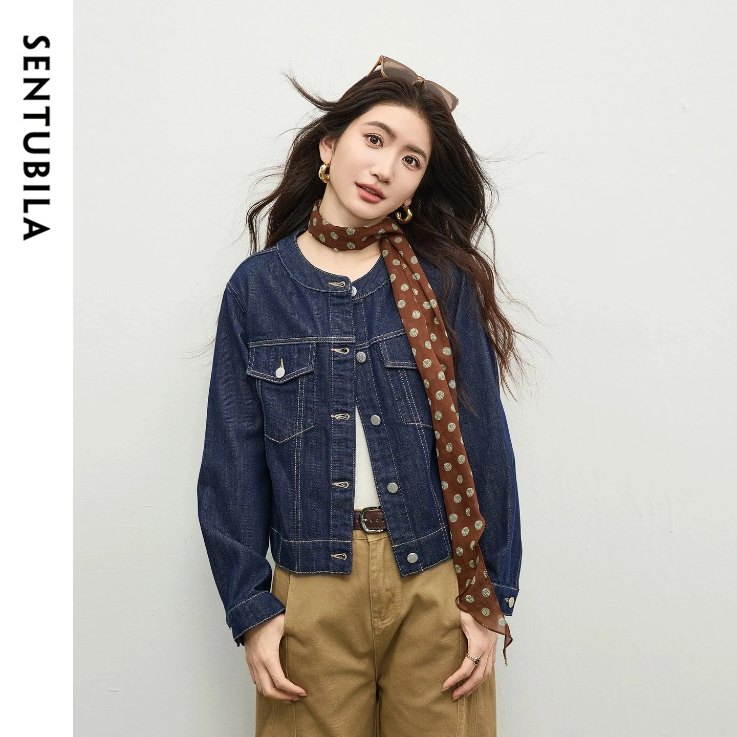 SENTUBILA Women's Denim Jacket 2026 Spring Visible Stitching 100% Cotton O Neck Loose Short Coats Commute Vintage Coat W61WD6558
